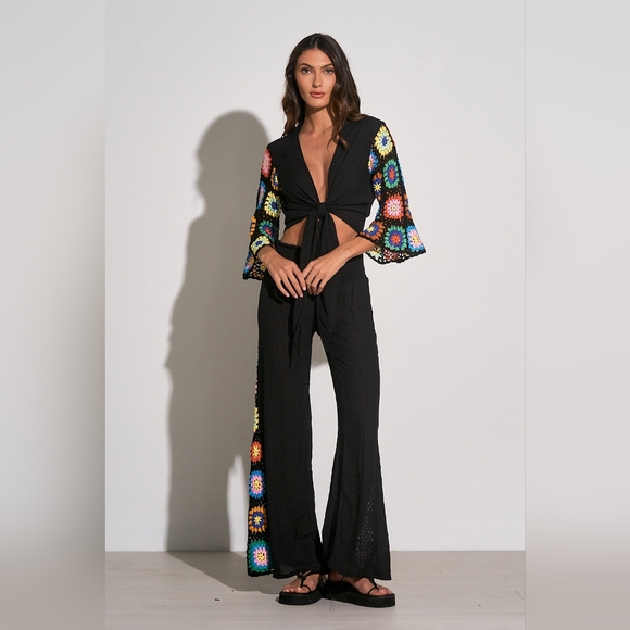 Elan Dresses & Skirts - NWT Elan Black With Rainbow Crochet Wide Leg Pant Set - M
